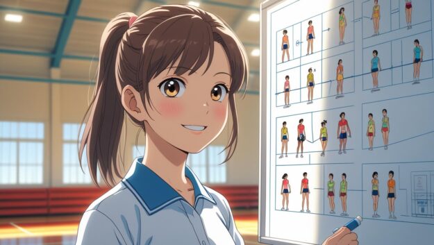 生活習慣病リスクを軽減するための方法を日本語で説明する日本人の女性スポーツインストラクター